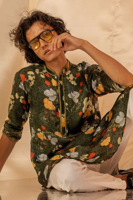 Label Shristi Chetani Green Cotton Floral Print Kurta Set at Aza Fashions Label Shristi Chetani_Green Cotton Floral Print Kurta Set_at_Aza_Fashions