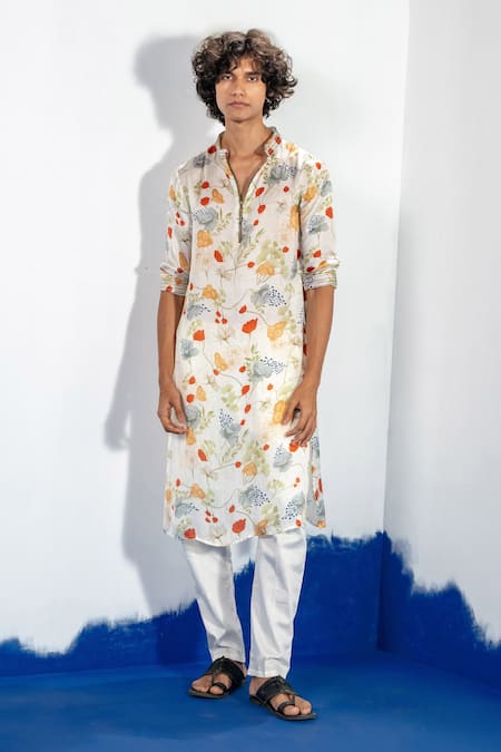 Label Shristi Chetani_White Bamboo Floral Printed Kurta Set_Online_at_Aza_Fashions