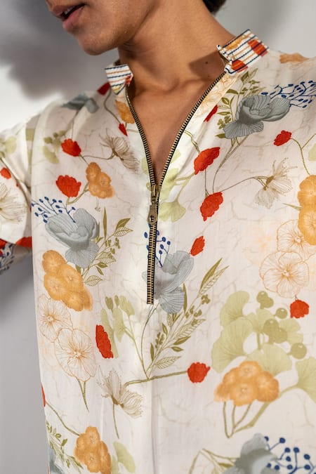 Shop_Label Shristi Chetani_White Bamboo Floral Printed Kurta Set_Online_at_Aza_Fashions