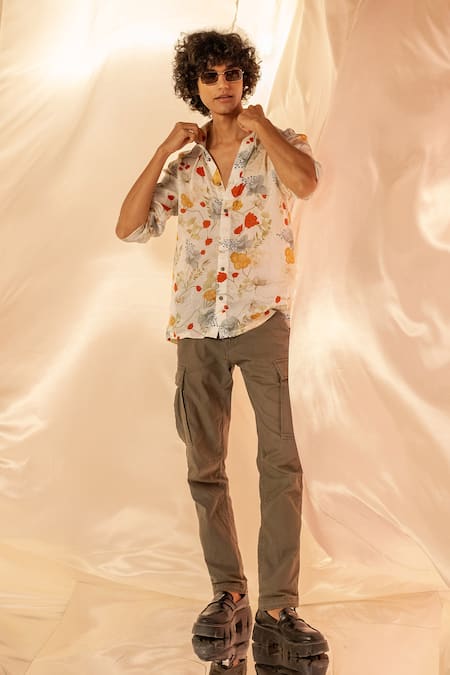 Label Shristi Chetani_White Bamboo Floral Printed Casual Shirt _Online_at_Aza_Fashions