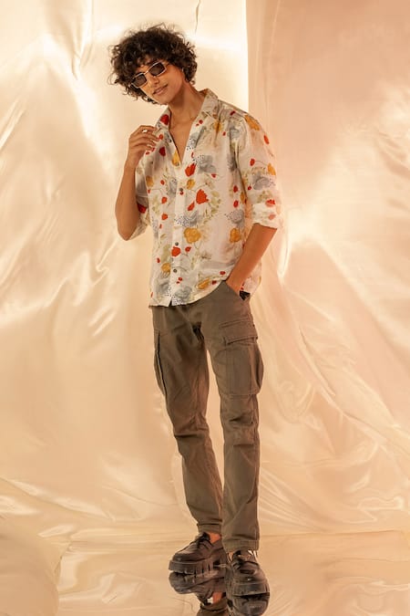 Buy_Label Shristi Chetani_White Bamboo Floral Printed Casual Shirt _Online_at_Aza_Fashions