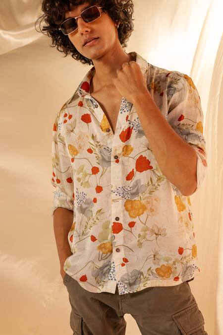 Shop_Label Shristi Chetani_White Bamboo Floral Printed Casual Shirt _Online_at_Aza_Fashions