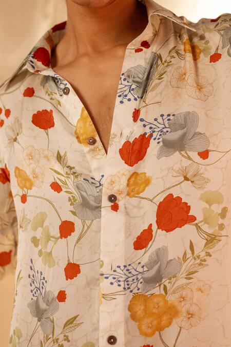 Label Shristi Chetani_White Bamboo Floral Printed Casual Shirt _at_Aza_Fashions