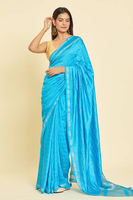 Samyukta Singhania Blue Chanderi Tassels, Zari Detailed Saree With Unstitched Blouse Piece at Aza Fashions Samyukta Singhania_Blue Chanderi Tassels, Zari Detailed Saree With Unstitched Blouse Piece_at_Aza_Fashions