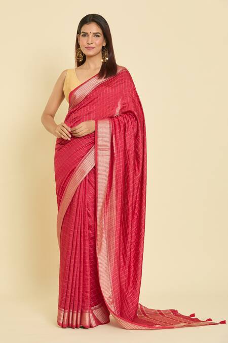 Buy Samyukta Singhania Maroon Chanderi Checks Pattern Saree With Unstitched Blouse Piece Buy_Samyukta Singhania_Maroon Chanderi Checks Pattern Saree With Unstitched Blouse Piece