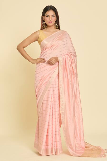 Samyukta Singhania_Peach Chanderi Zari Stripe Pattern Saree With Unstitched Blouse Piece_at_Aza_Fashions