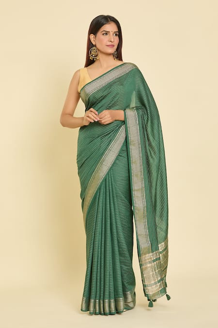 Samyukta Singhania Green Chanderi Zari, Tassels Round Stripe Saree With Unstitched Blouse Piece at Aza Fashions Samyukta Singhania_Green Chanderi Zari, Tassels Round Stripe Saree With Unstitched Blouse Piece_at_Aza_Fashions