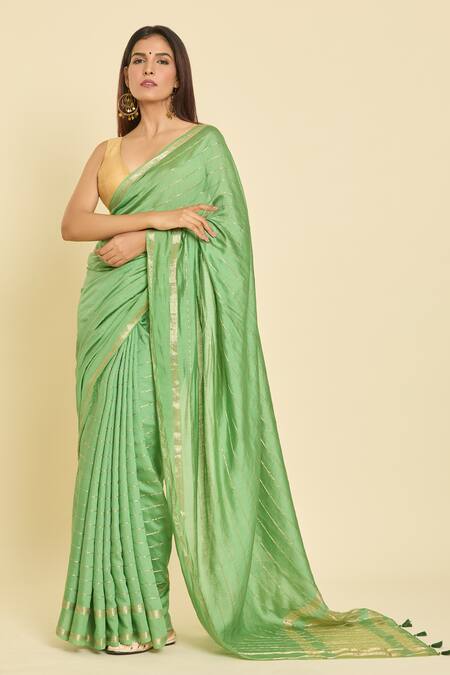 Buy Samyukta Singhania Green Chanderi Zari Striped Saree With Unstitched Blouse Piece Buy_Samyukta Singhania_Green Chanderi Zari Striped Saree With Unstitched Blouse Piece