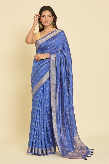 Buy_Samyukta Singhania_Blue Chanderi Zari Saree With Unstitched Blouse Piece 