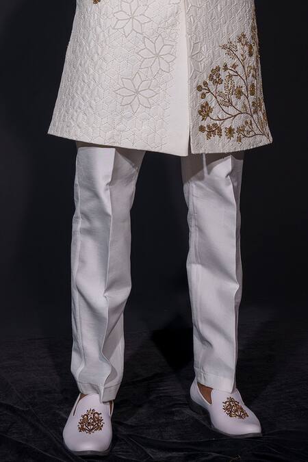 Niloufer By Aasif Ally White Silk Embroidery Zardozi Sherwani And Trouser Set Online at Aza Fashions Niloufer By Aasif Ally_White Silk Embroidery Zardozi Sherwani And Trouser Set _Online_at_Aza_Fashions