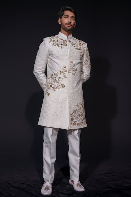Niloufer By Aasif Ally White Silk Embroidery Zardozi Sherwani And Trouser Set 