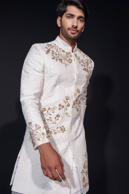 Buy Niloufer By Aasif Ally White Silk Embroidery Zardozi Sherwani And Trouser Set Online at Aza Fashions Buy_Niloufer By Aasif Ally_White Silk Embroidery Zardozi Sherwani And Trouser Set _Online_at_Aza_Fashions
