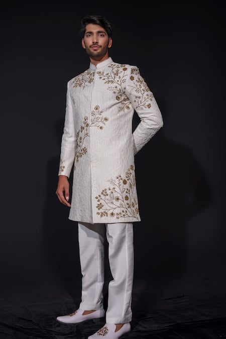 Shop Niloufer By Aasif Ally White Silk Embroidery Zardozi Sherwani And Trouser Set at Aza Fashions Shop_Niloufer By Aasif Ally_White Silk Embroidery Zardozi Sherwani And Trouser Set _at_Aza_Fashions