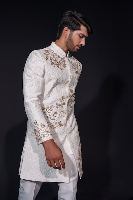 Shop Niloufer By Aasif Ally White Silk Embroidery Zardozi Sherwani And Trouser Set Online at Aza Fashions Shop_Niloufer By Aasif Ally_White Silk Embroidery Zardozi Sherwani And Trouser Set _Online_at_Aza_Fashions