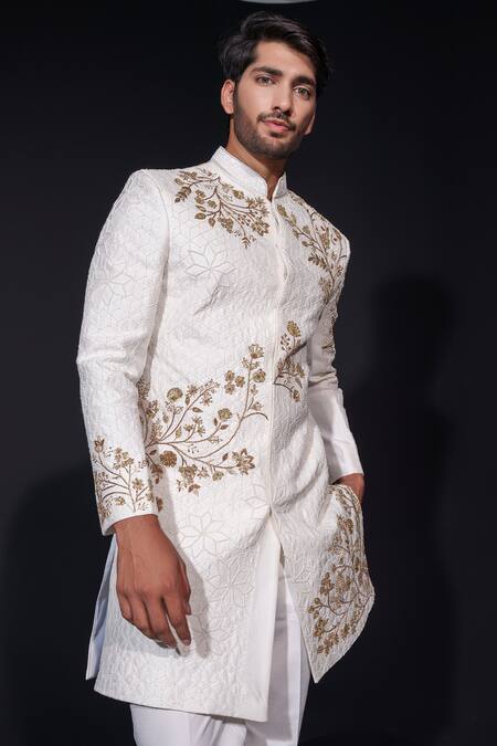 Niloufer By Aasif Ally White Silk Embroidery Zardozi Sherwani And Trouser Set at Aza Fashions Niloufer By Aasif Ally_White Silk Embroidery Zardozi Sherwani And Trouser Set _at_Aza_Fashions