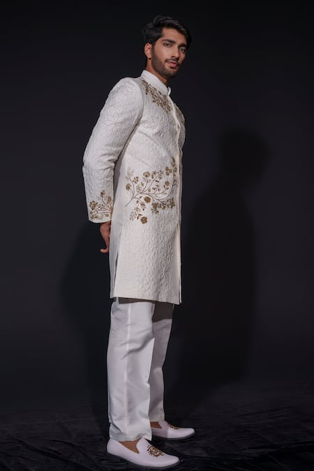 Buy Niloufer By Aasif Ally White Silk Embroidery Zardozi Sherwani And Trouser Set Buy_Niloufer By Aasif Ally_White Silk Embroidery Zardozi Sherwani And Trouser Set