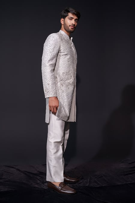 Niloufer By Aasif Ally_Silver Silk Zari, Beads Embroidered Zardozi Cutdana Sherwani Set _Online_at_Aza_Fashions