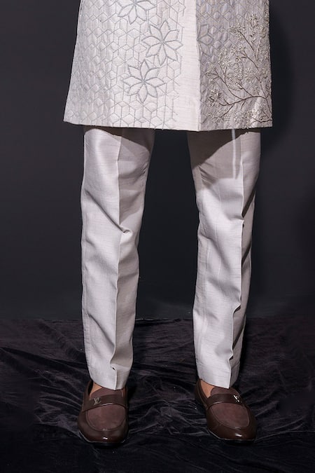 Buy_Niloufer By Aasif Ally_Silver Silk Zari, Beads Embroidered Zardozi Cutdana Sherwani Set _Online_at_Aza_Fashions