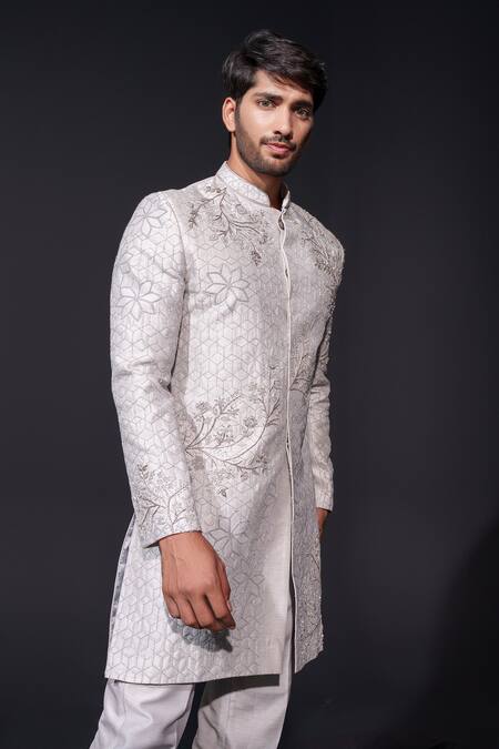 Shop_Niloufer By Aasif Ally_Silver Silk Zari, Beads Embroidered Zardozi Cutdana Sherwani Set _Online_at_Aza_Fashions