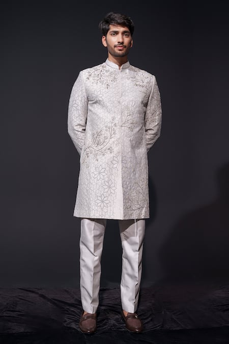 Niloufer By Aasif Ally_Silver Silk Zari, Beads Embroidered Zardozi Cutdana Sherwani Set _at_Aza_Fashions