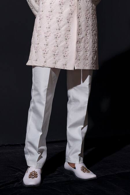 Niloufer By Aasif Ally White Silk Cut Work, Pearls Floral Cutdana Embroidered Sherwani Set Online at Aza Fashions Niloufer By Aasif Ally_White Silk Cut Work, Pearls Floral Cutdana Embroidered Sherwani Set _Online_at_Aza_Fashions