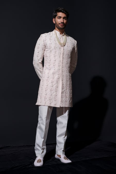 Niloufer By Aasif Ally White Silk Cut Work, Pearls Floral Cutdana Embroidered Sherwani Set 