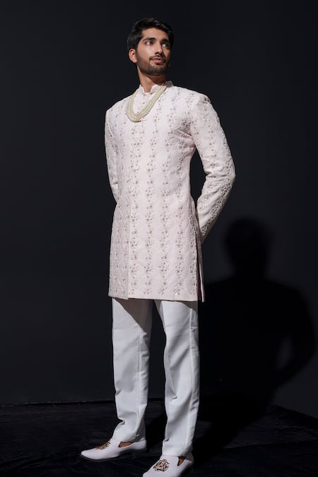Shop Niloufer By Aasif Ally White Silk Cut Work, Pearls Floral Cutdana Embroidered Sherwani Set at Aza Fashions Shop_Niloufer By Aasif Ally_White Silk Cut Work, Pearls Floral Cutdana Embroidered Sherwani Set _at_Aza_Fashions
