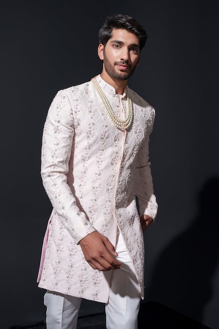 Shop Niloufer By Aasif Ally White Silk Cut Work, Pearls Floral Cutdana Embroidered Sherwani Set Online at Aza Fashions Shop_Niloufer By Aasif Ally_White Silk Cut Work, Pearls Floral Cutdana Embroidered Sherwani Set _Online_at_Aza_Fashions