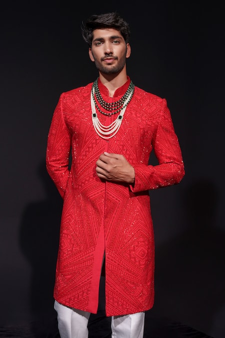 Buy_Niloufer By Aasif Ally_White Silk Geometric Cutdana Embroidered Sherwani Set _Online_at_Aza_Fashions