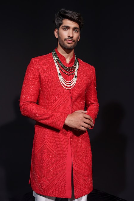 Shop_Niloufer By Aasif Ally_White Silk Geometric Cutdana Embroidered Sherwani Set _Online_at_Aza_Fashions