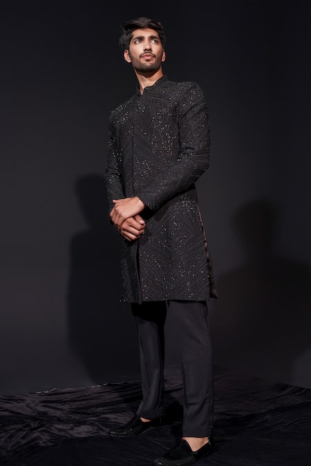 Niloufer By Aasif Ally Black Silk Cut Work Cutdana Sherwani And Trouser Set Online at Aza Fashions Niloufer By Aasif Ally_Black Silk Cut Work Cutdana Sherwani And Trouser Set _Online_at_Aza_Fashions