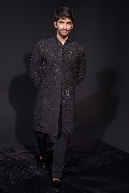 Buy Niloufer By Aasif Ally Black Silk Cut Work Cutdana Sherwani And Trouser Set Online at Aza Fashions Buy_Niloufer By Aasif Ally_Black Silk Cut Work Cutdana Sherwani And Trouser Set _Online_at_Aza_Fashions