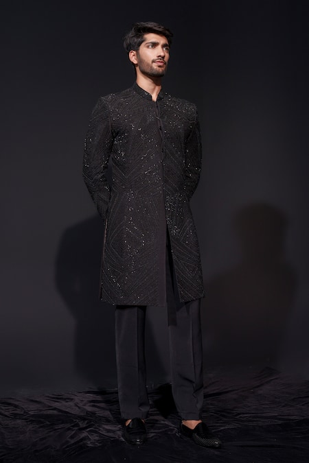 Shop Niloufer By Aasif Ally Black Silk Cut Work Cutdana Sherwani And Trouser Set Online at Aza Fashions Shop_Niloufer By Aasif Ally_Black Silk Cut Work Cutdana Sherwani And Trouser Set _Online_at_Aza_Fashions