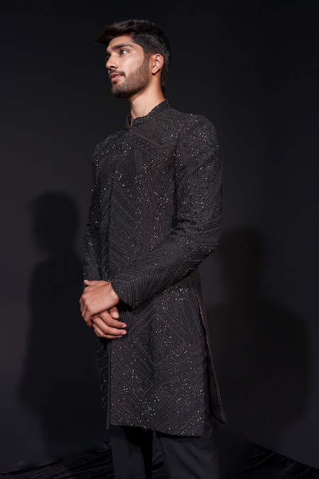 Niloufer By Aasif Ally Black Silk Cut Work Cutdana Sherwani And Trouser Set at Aza Fashions Niloufer By Aasif Ally_Black Silk Cut Work Cutdana Sherwani And Trouser Set _at_Aza_Fashions
