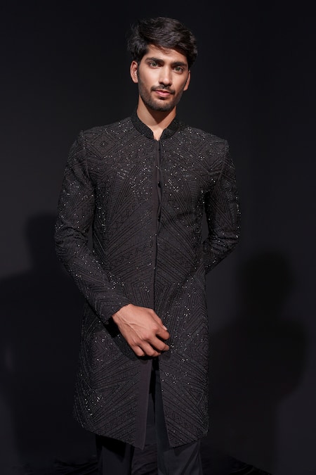 Buy Niloufer By Aasif Ally Black Silk Cut Work Cutdana Sherwani And Trouser Set Buy_Niloufer By Aasif Ally_Black Silk Cut Work Cutdana Sherwani And Trouser Set
