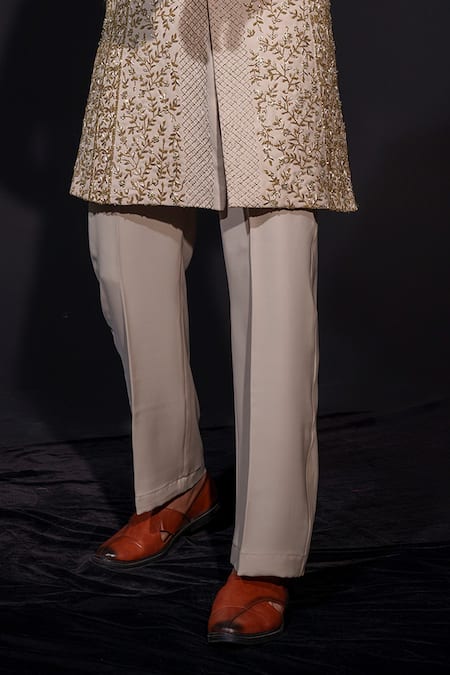 Niloufer By Aasif Ally_Beige Silk Embroidery Floral Zardozi Sherwani Set _Online_at_Aza_Fashions