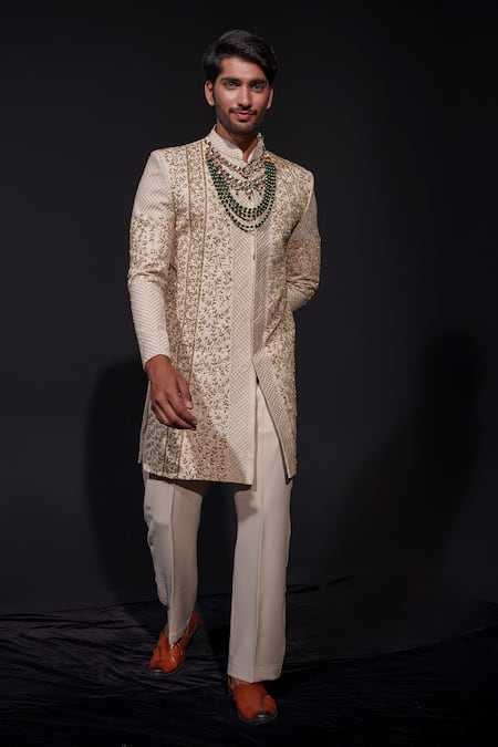Shop_Niloufer By Aasif Ally_Beige Silk Embroidery Floral Zardozi Sherwani Set _at_Aza_Fashions