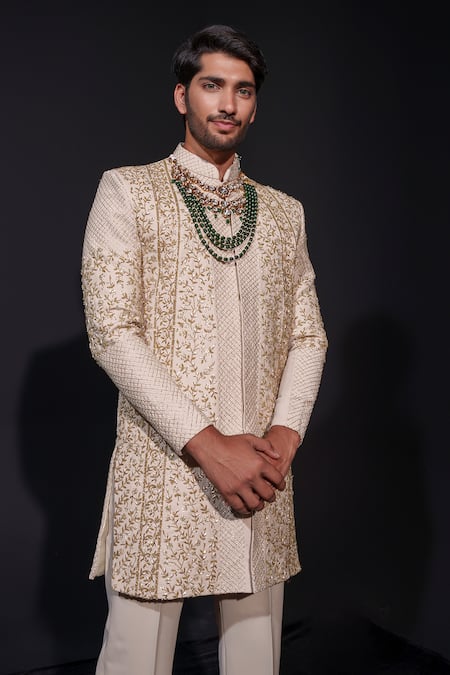 Buy_Niloufer By Aasif Ally_Beige Silk Embroidery Floral Zardozi Sherwani Set _Online_at_Aza_Fashions