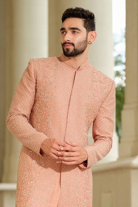 Buy Niloufer By Aasif Ally Peach Silk Cutdana Embroidered Sherwani And Pyjama Pant Set Online at Aza Fashions Buy_Niloufer By Aasif Ally_Peach Silk Cutdana Embroidered Sherwani And Pyjama Pant Set _Online_at_Aza_Fashions