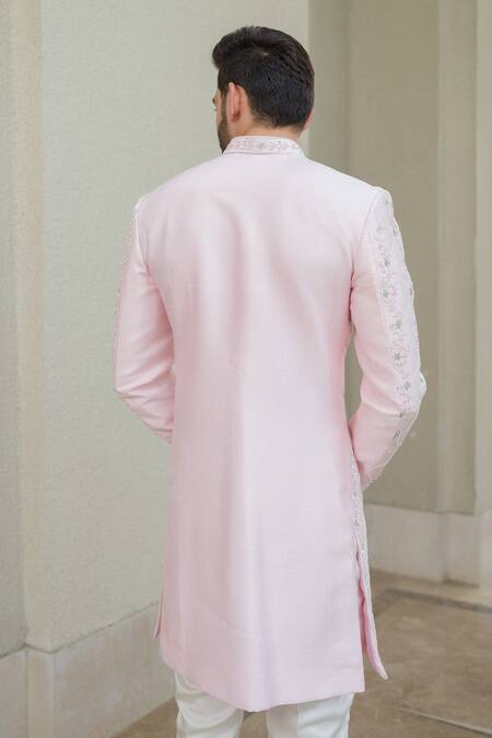 Shop_Niloufer By Aasif Ally_Pink Silk Embroidery Floral Cutdana Sherwani Set _at_Aza_Fashions