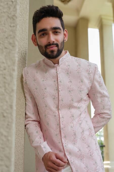 Buy_Niloufer By Aasif Ally_Pink Silk Embroidery Floral Cutdana Sherwani Set _Online_at_Aza_Fashions