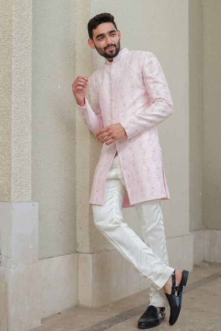 Niloufer By Aasif Ally Pink Silk Embroidery Floral Cutdana Sherwani Set 
