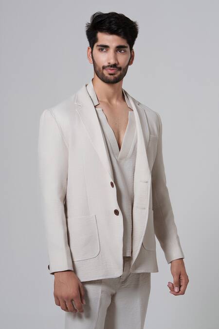 Niloufer By Aasif Ally Cream Cotton, Linen Single Breasted Blazer Online at Aza Fashions Niloufer By Aasif Ally_Cream Cotton, Linen Single Breasted Blazer _Online_at_Aza_Fashions