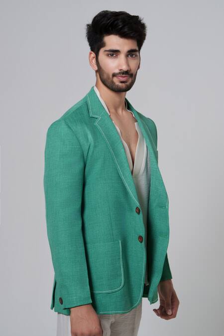 Buy_Niloufer By Aasif Ally_Green Cotton, Linen Solid Single Breasted Blazer _Online_at_Aza_Fashions