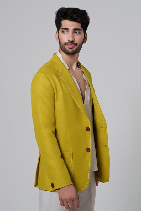 Niloufer By Aasif Ally_Green Cotton, Linen Solid Lime Blazer _Online_at_Aza_Fashions