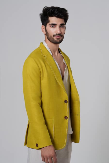 Buy_Niloufer By Aasif Ally_Green Cotton, Linen Solid Lime Blazer _Online_at_Aza_Fashions