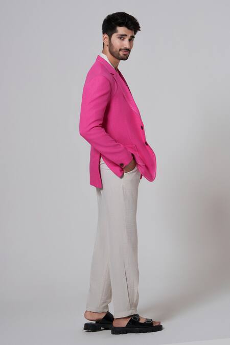 Niloufer By Aasif Ally_Pink Cotton, Linen Solid Pattern Blazer _Online_at_Aza_Fashions