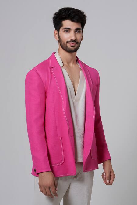 Buy_Niloufer By Aasif Ally_Pink Cotton, Linen Solid Pattern Blazer _Online_at_Aza_Fashions
