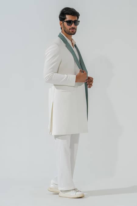 Niloufer By Aasif Ally_White Polyester Longline Coat With Grey Lapel _Online_at_Aza_Fashions