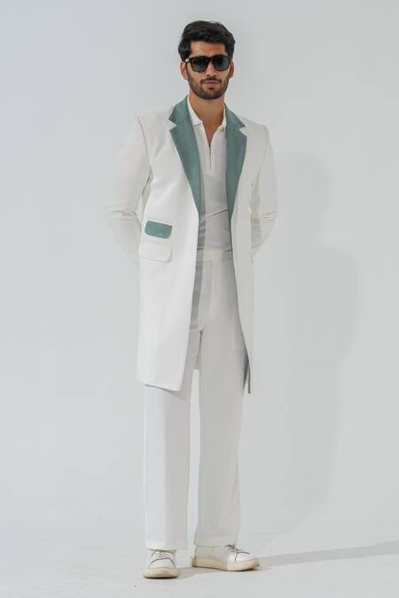 Buy_Niloufer By Aasif Ally_White Polyester Longline Coat With Grey Lapel _Online_at_Aza_Fashions